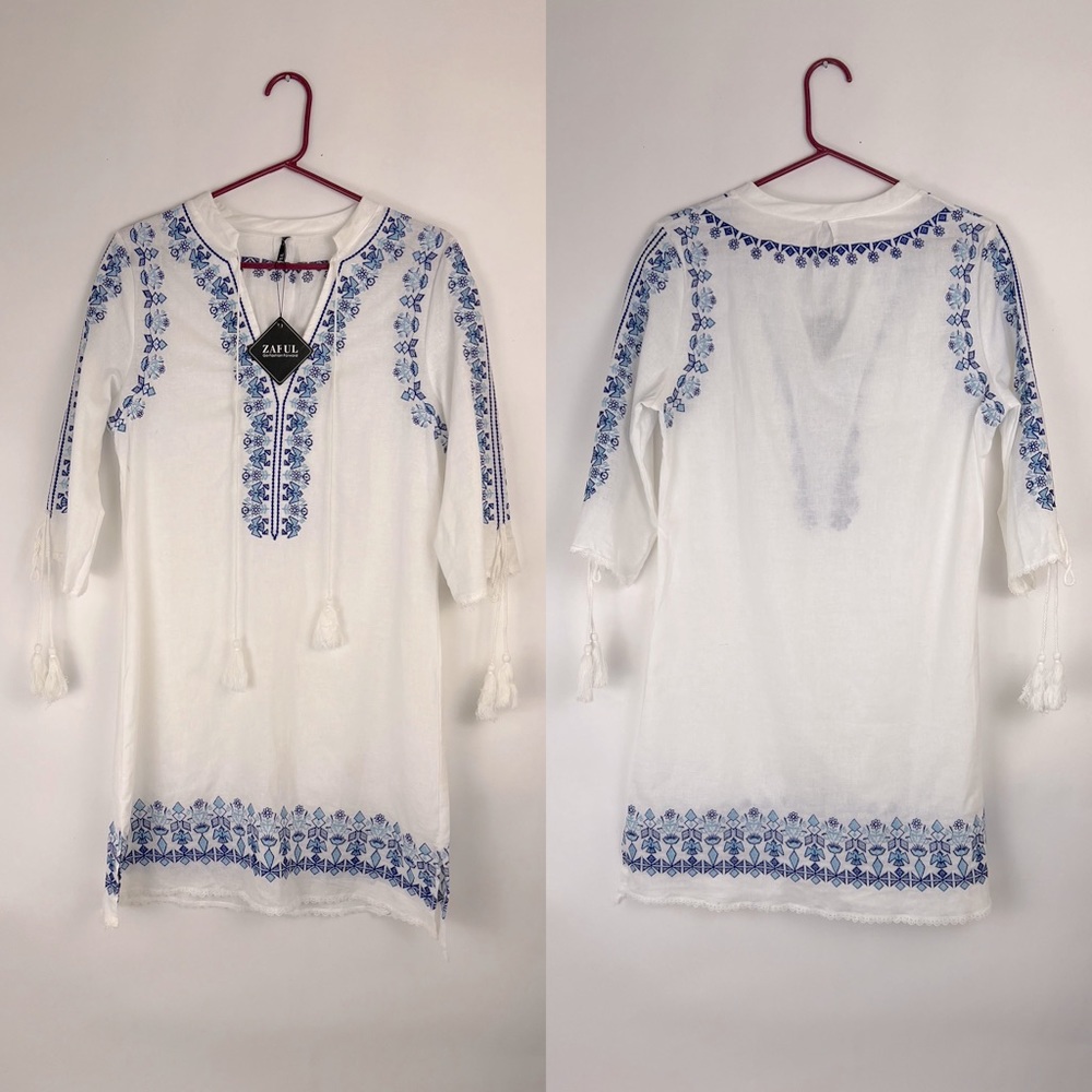 ZAFUL tunic dress top swim cover embroidered with tassel drawstring L